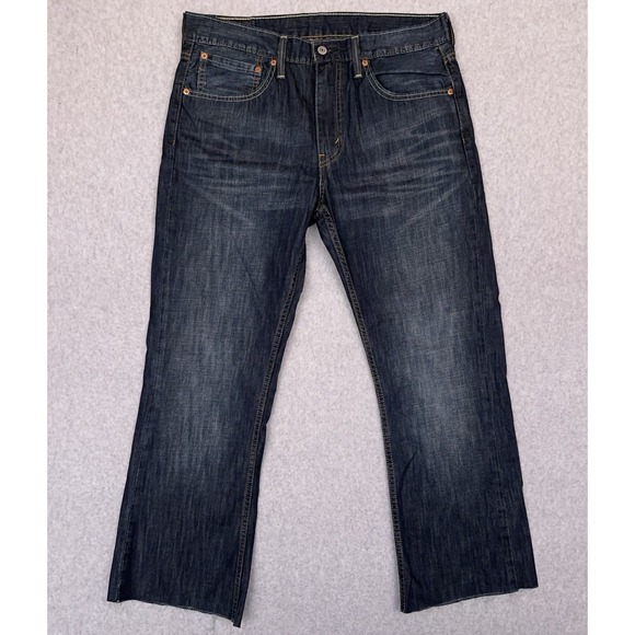 Levi's 527 Jeans Men's 34x28 Bootcut Dark Wash Denim 100% Cotton Cut-Off Raw Hem - Picture 1 of 11